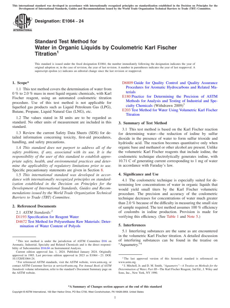 ASTM E1064-24 - Standard Test Method for Water in Organic Liquids by Coulometric Karl Fischer Titration