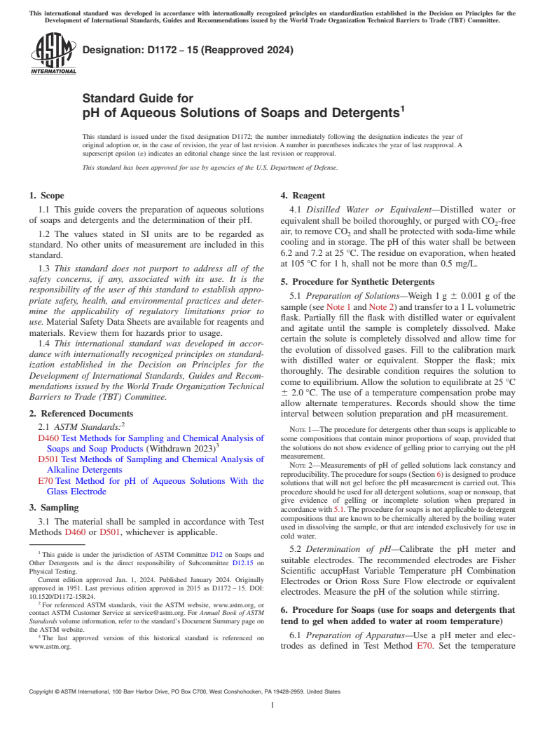 ASTM D1172-15(2024) - Standard Guide for  pH of Aqueous Solutions of Soaps and Detergents