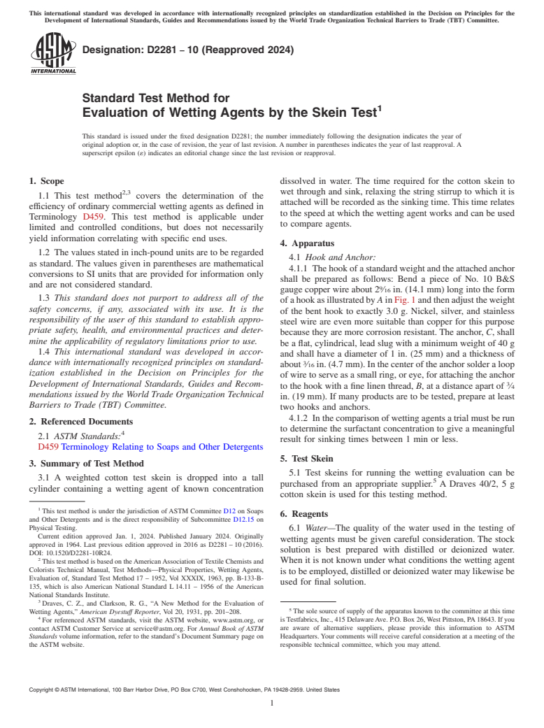 ASTM D2281-10(2024) - Standard Test Method for  Evaluation of Wetting Agents by the Skein Test