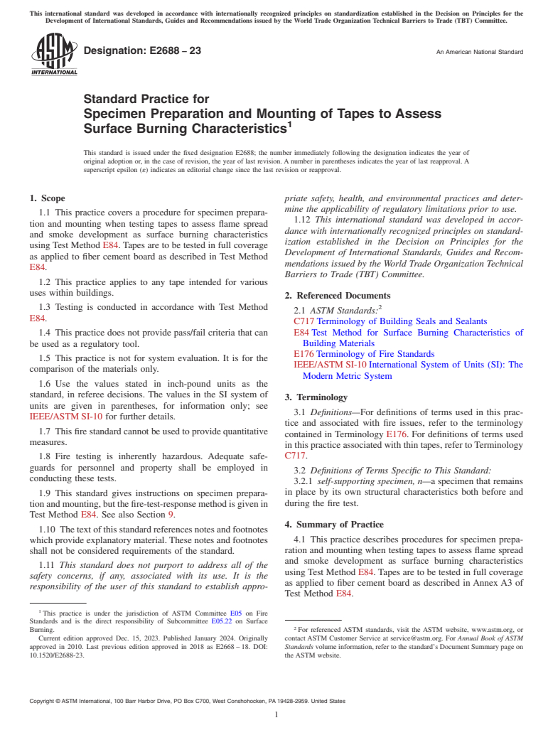 ASTM E2688-23 - Standard Practice for  Specimen Preparation and Mounting of Tapes to Assess Surface  Burning Characteristics