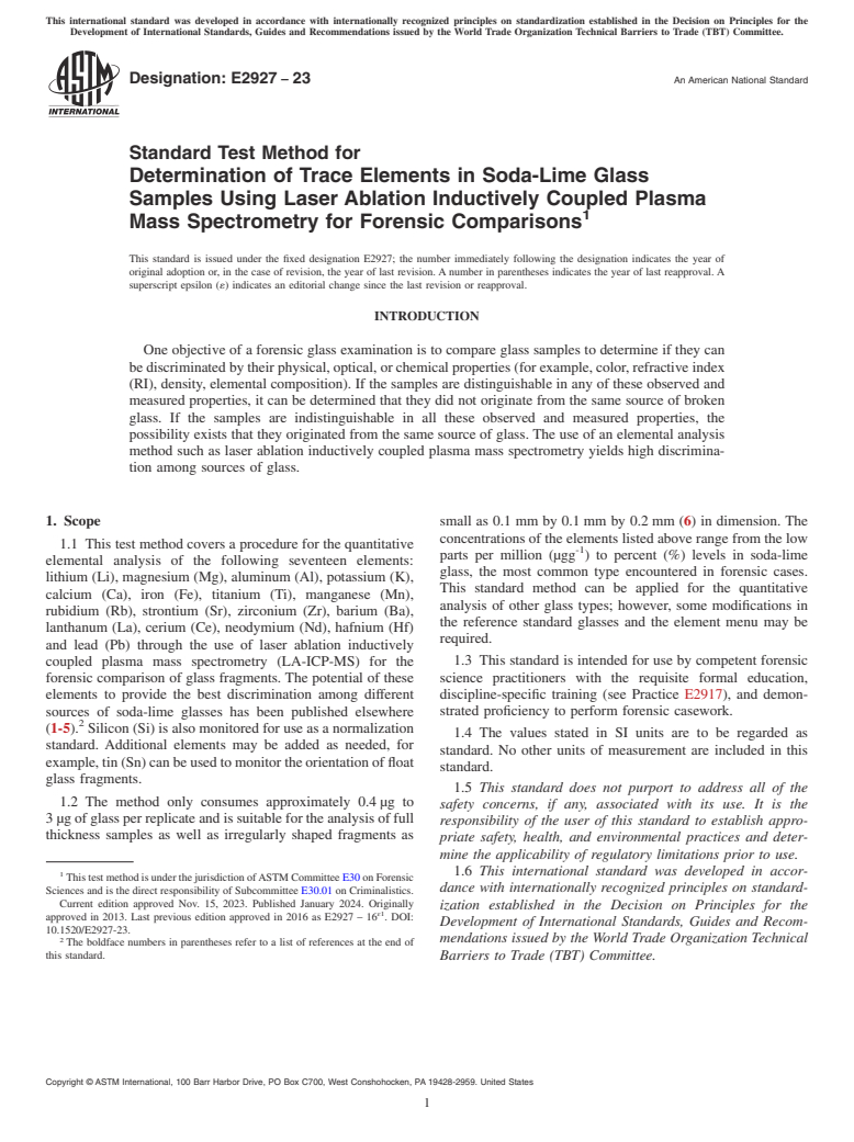 ASTM E2927-23 - Standard Test Method for Determination of Trace Elements in Soda-Lime Glass Samples  Using Laser Ablation Inductively Coupled Plasma Mass Spectrometry  for Forensic Comparisons