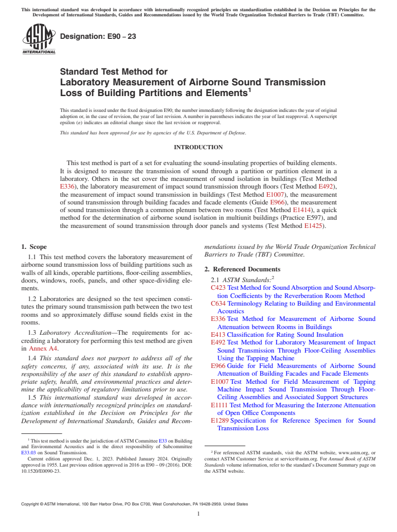 ASTM E90-23 - Standard Test Method for  Laboratory Measurement of Airborne Sound Transmission Loss  of Building Partitions and Elements