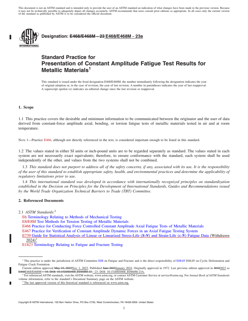 REDLINE ASTM E468/E468M-23a - Standard Practice for  Presentation of Constant Amplitude Fatigue Test Results for  Metallic Materials