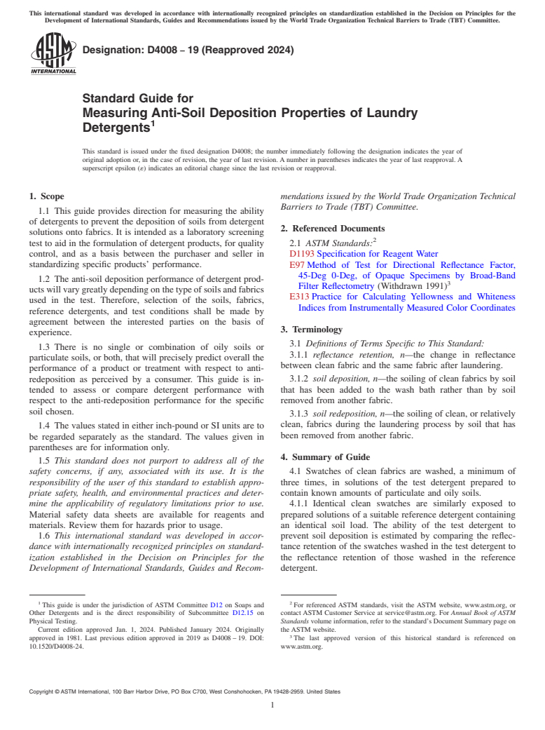 ASTM D4008-19(2024) - Standard Guide for  Measuring Anti-Soil Deposition Properties of Laundry Detergents