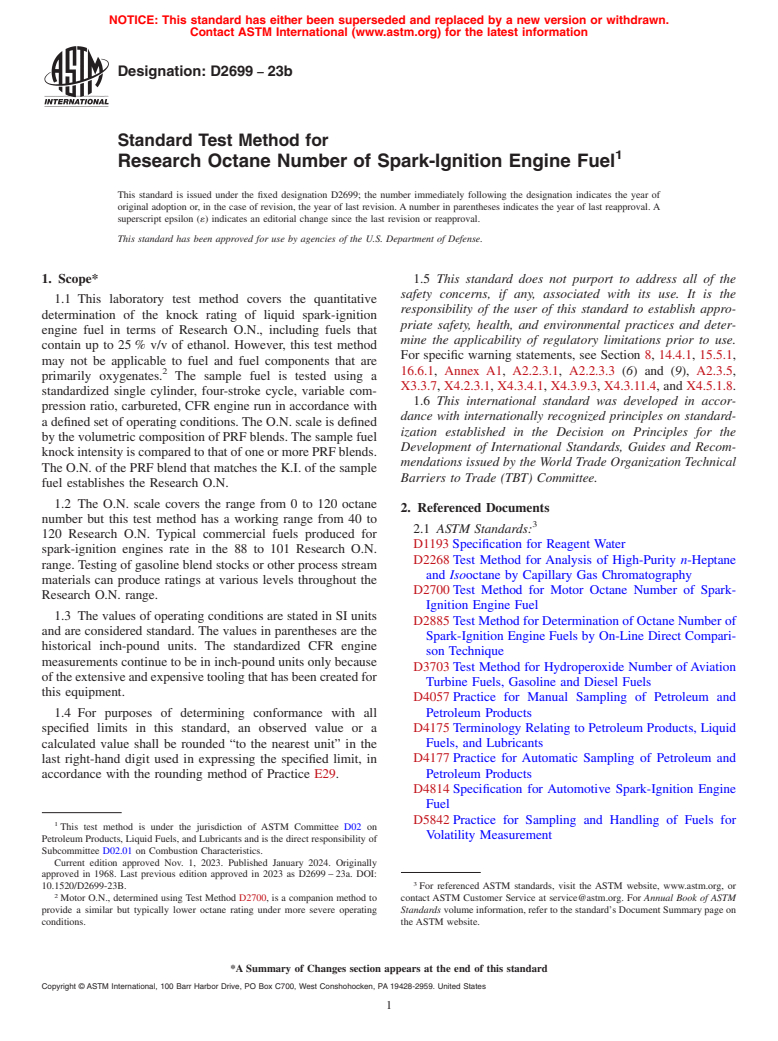 ASTM D2699-23b - Standard Test Method for Research Octane Number of Spark-Ignition Engine Fuel