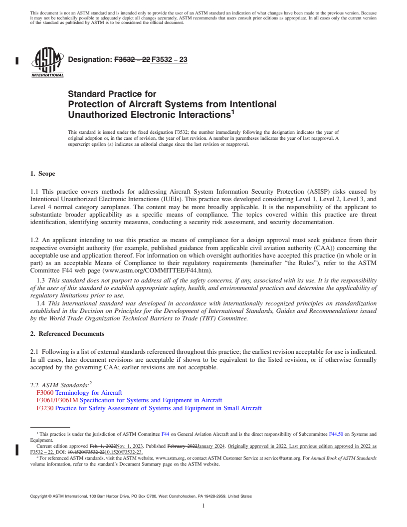 REDLINE ASTM F3532-23 - Standard Practice for Protection of Aircraft Systems from Intentional Unauthorized  Electronic Interactions