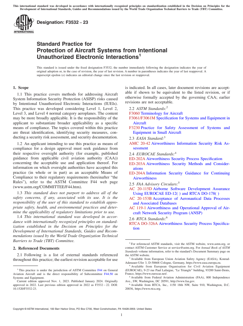 ASTM F3532-23 - Standard Practice for Protection of Aircraft Systems from Intentional Unauthorized  Electronic Interactions