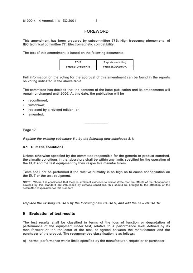 IEC 61000-4-14:1999/AMD1:2001 - Amendment 1 - Electromagnetic compatibility (EMC) - Part 4-14: Testing and measurement techniques - Voltage fluctuation immunity test