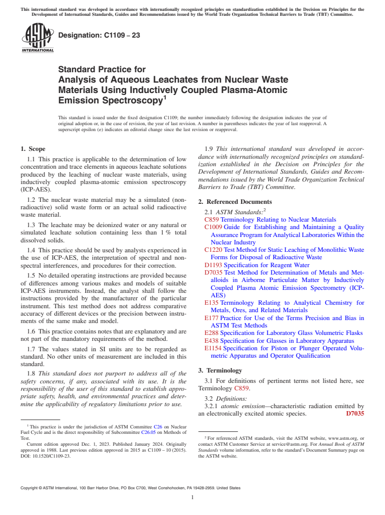 ASTM C1109-23 - Standard Practice for  Analysis of Aqueous Leachates from Nuclear Waste Materials  Using Inductively Coupled Plasma-Atomic Emission Spectroscopy