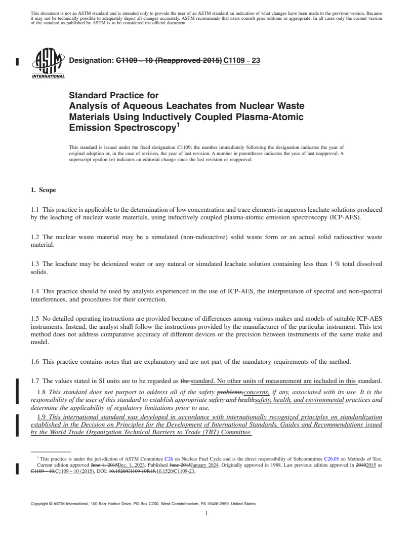 REDLINE ASTM C1109-23 - Standard Practice for  Analysis of Aqueous Leachates from Nuclear Waste Materials  Using Inductively Coupled Plasma-Atomic Emission Spectroscopy