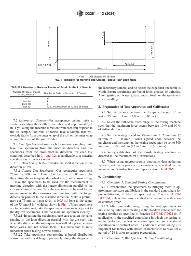 ASTM D2261-13(2024) - Standard Test Method for  Tearing Strength of Fabrics by the Tongue (Single Rip) Procedure  (Constant-Rate-of-Extension Tensile Testing Machine)