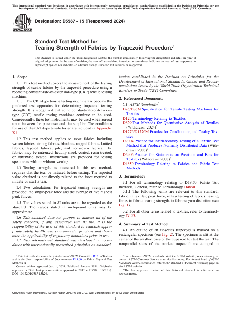 ASTM D5587-15(2024) - Standard Test Method for  Tearing Strength of Fabrics by Trapezoid Procedure