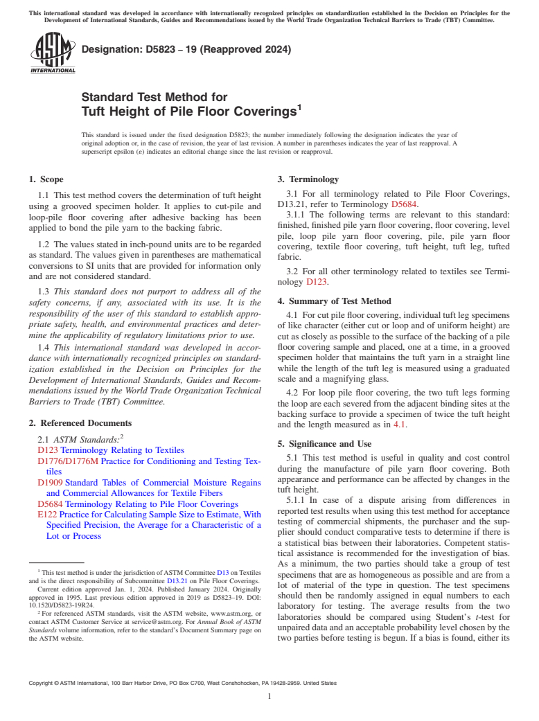 ASTM D5823-19(2024) - Standard Test Method for  Tuft Height of Pile Floor Coverings