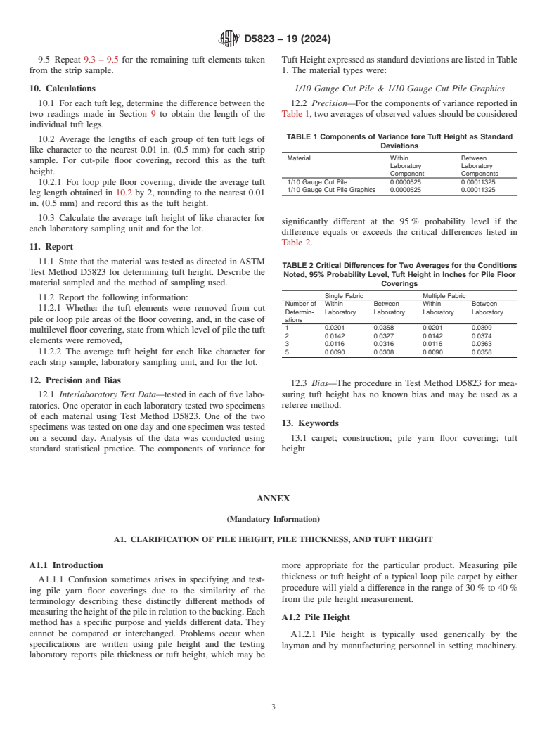 ASTM D5823-19(2024) - Standard Test Method for  Tuft Height of Pile Floor Coverings