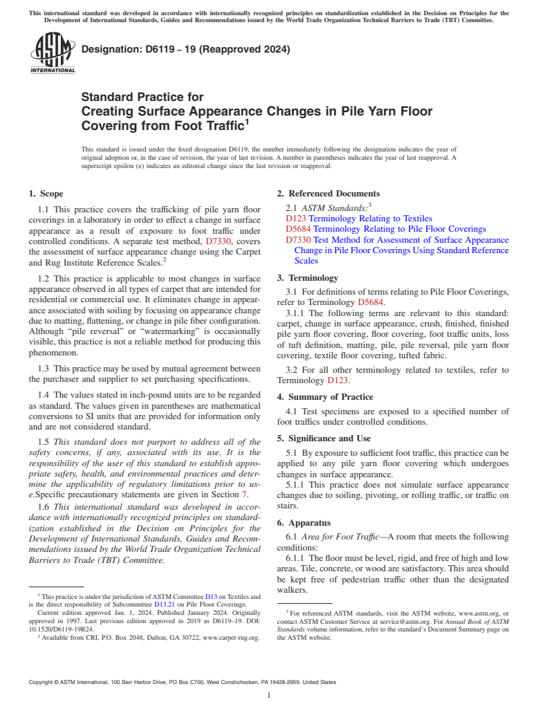 ASTM D6119-19(2024) - Standard Practice for  Creating Surface Appearance Changes in Pile Yarn Floor Covering  from Foot Traffic