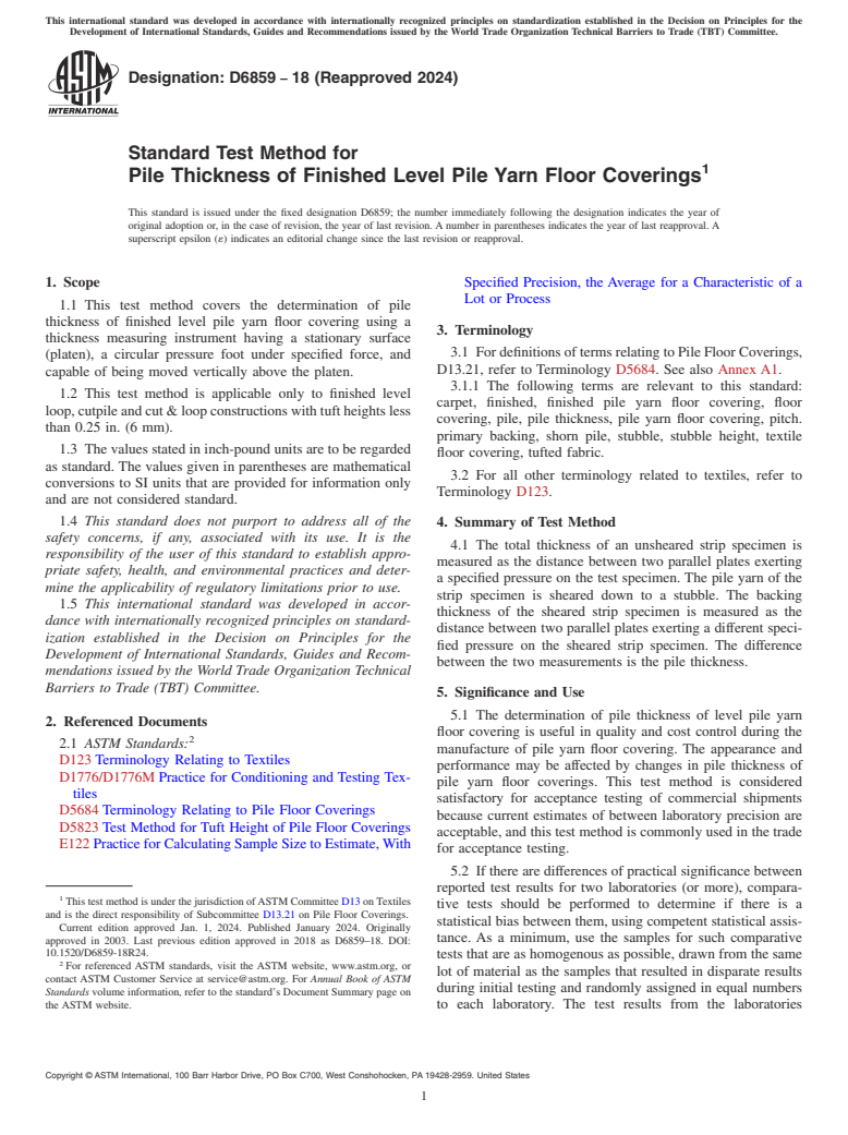 ASTM D6859-18(2024) - Standard Test Method for  Pile Thickness of Finished Level Pile Yarn Floor Coverings