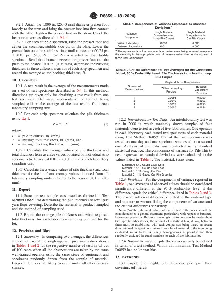 ASTM D6859-18(2024) - Standard Test Method for  Pile Thickness of Finished Level Pile Yarn Floor Coverings