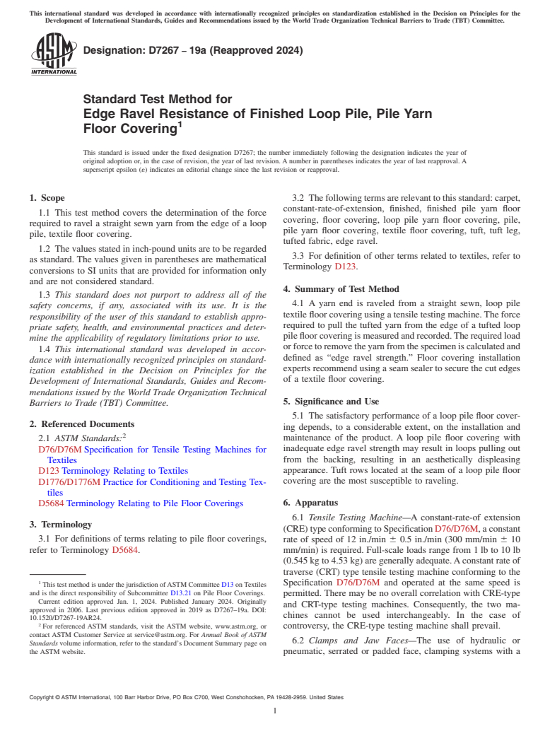 ASTM D7267-19a(2024) - Standard Test Method for  Edge Ravel Resistance of Finished Loop Pile, Pile Yarn Floor  Covering