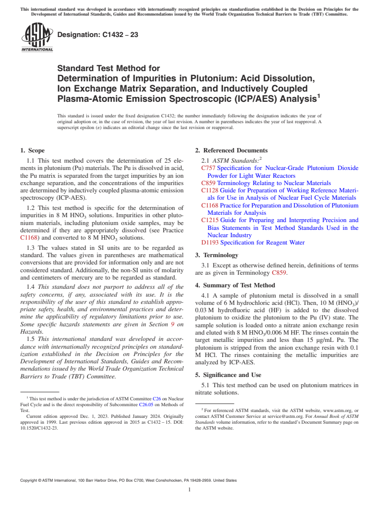 ASTM C1432-23 - Standard Test Method for  Determination of Impurities in Plutonium: Acid Dissolution,  Ion Exchange Matrix Separation, and Inductively Coupled Plasma-Atomic  Emission Spectroscopic (ICP/AES) Analysis