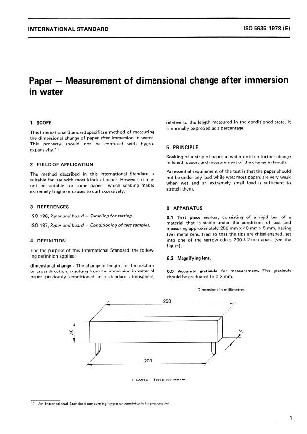 ISO 5635:1978 ISO 5635:1978 - Paper -- Measurement of dimensional change after immersion in water