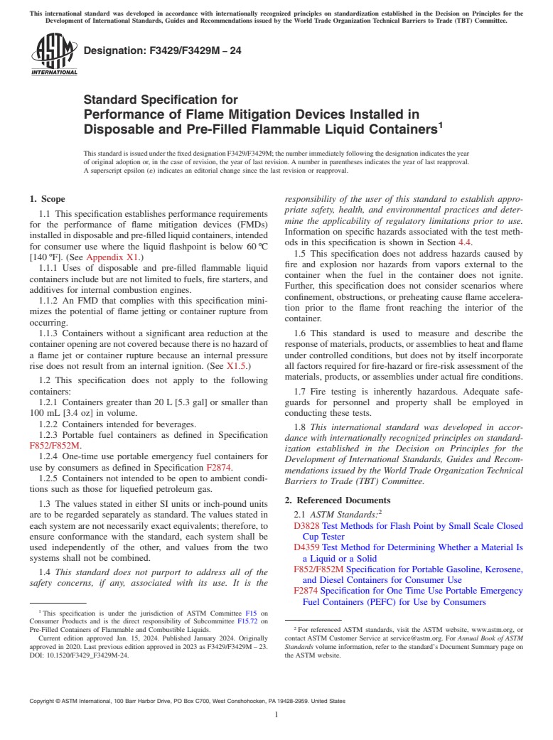 ASTM F3429/F3429M-24 - Standard Specification for Performance of Flame Mitigation Devices Installed in Disposable  and Pre-Filled Flammable Liquid Containers