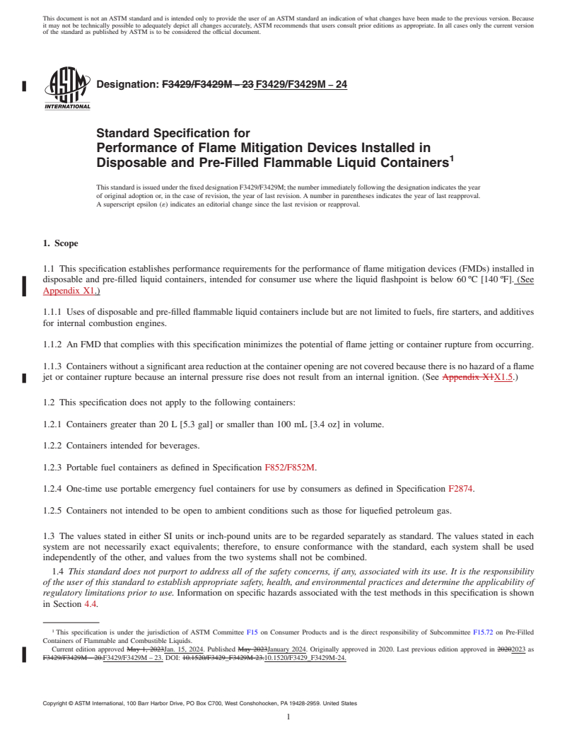 REDLINE ASTM F3429/F3429M-24 - Standard Specification for Performance of Flame Mitigation Devices Installed in Disposable  and Pre-Filled Flammable Liquid Containers