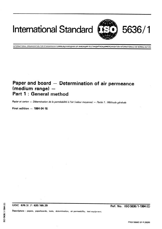 ISO 5636-1:1984 - Paper and board -- Determination of air permeance (medium range)