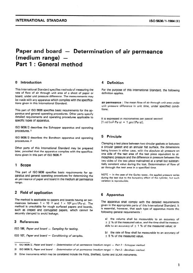 ISO 5636-1:1984 - Paper and board -- Determination of air permeance (medium range)