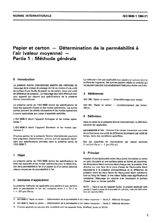 ISO 5636-1:1984 - Papier et carton -- Détermination de la perméabilité a l'air (valeur moyenne)