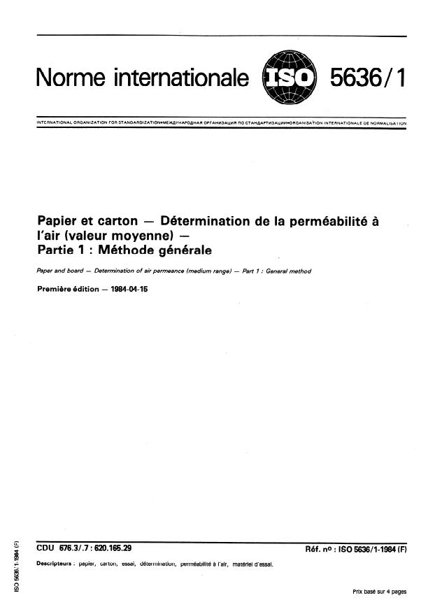 ISO 5636-1:1984 - Papier et carton -- Détermination de la perméabilité a l'air (valeur moyenne)