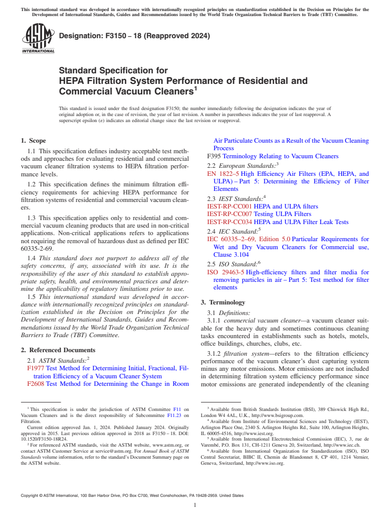 ASTM F3150-18(2024) - Standard Specification for HEPA Filtration System Performance of Residential and Commercial  Vacuum Cleaners