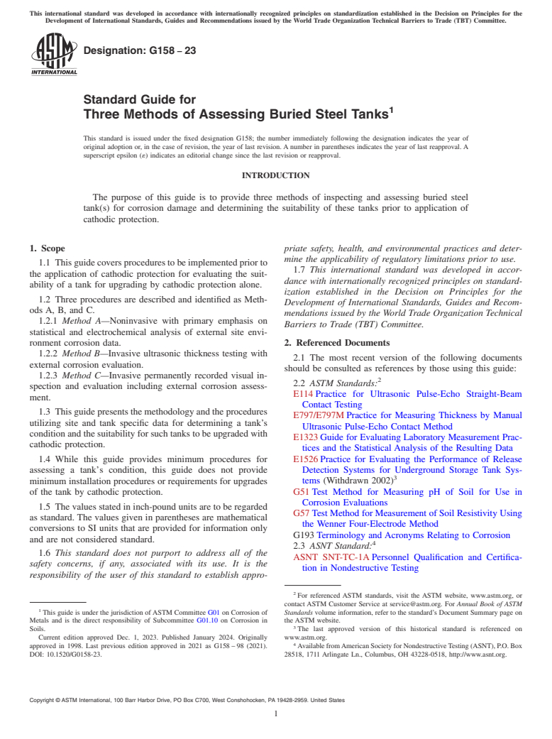ASTM G158-23 - Standard Guide for Three Methods of Assessing Buried Steel Tanks