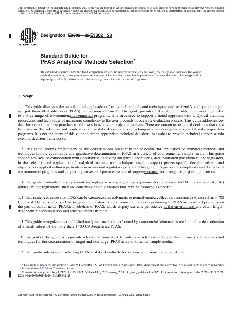 REDLINE ASTM E3302-23 - Standard Guide for PFAS Analytical Methods Selection