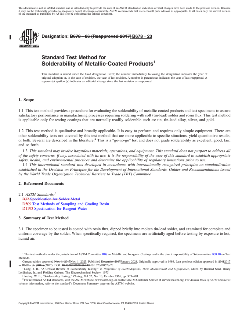 REDLINE ASTM B678-23 - Standard Test Method for  Solderability of Metallic-Coated Products