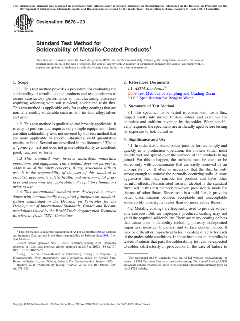 ASTM B678-23 - Standard Test Method for  Solderability of Metallic-Coated Products