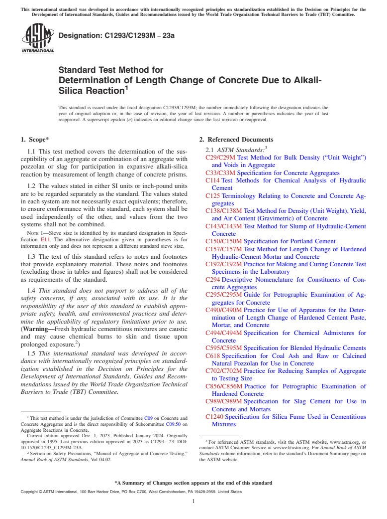 ASTM C1293/C1293M-23a - Standard Test Method for  Determination of Length Change of Concrete Due to Alkali-Silica  Reaction