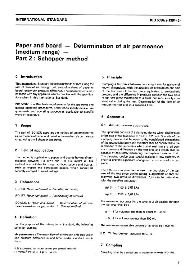 ISO 5636-2:1984 - Paper and board -- Determination of air permeance (medium range)