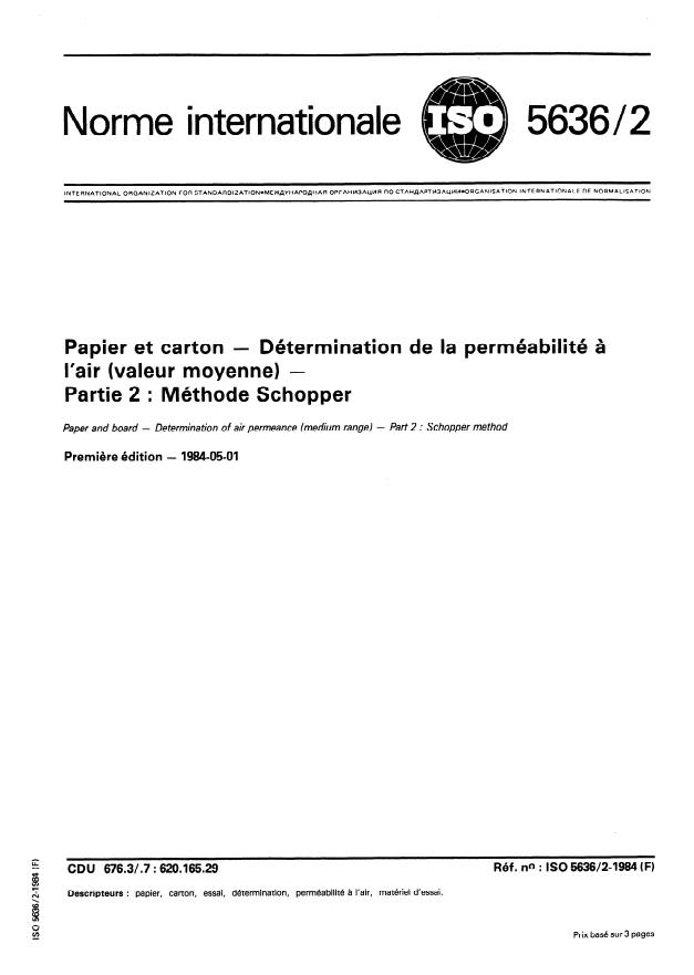 ISO 5636-2:1984 - Papier et carton -- Détermination de la perméabilité a l'air (valeur moyenne)