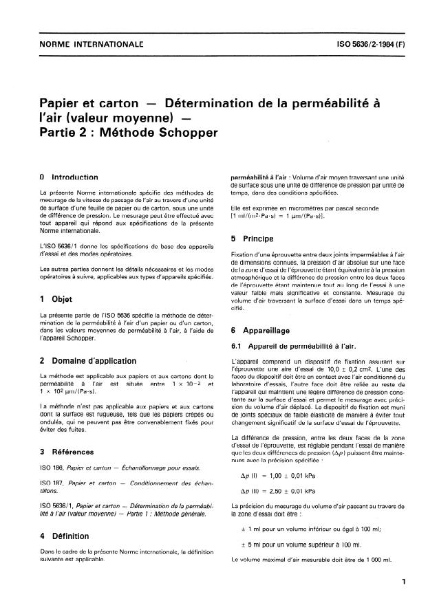 ISO 5636-2:1984 - Papier et carton -- Détermination de la perméabilité a l'air (valeur moyenne)