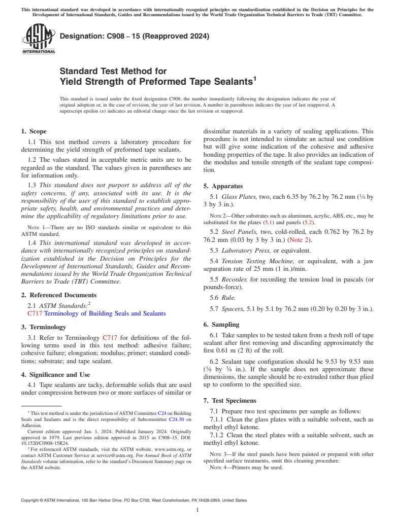 ASTM C908-15(2024) - Standard Test Method for  Yield Strength of Preformed Tape Sealants