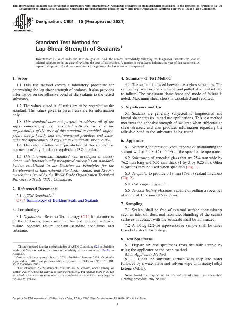 ASTM C961-15(2024) - Standard Test Method for  Lap Shear Strength of Sealants