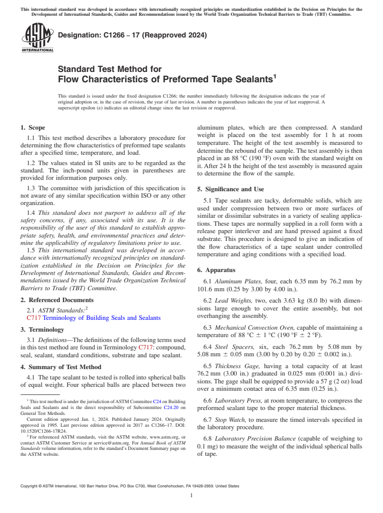 ASTM C1266-17(2024) - Standard Test Method for  Flow Characteristics of Preformed Tape Sealants