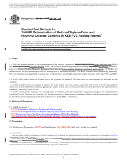 ASTM D8154-24 REDLINE ASTM D8154-24 - Standard Test Methods for <sup>1</sup>H-NMR Determination of Ketone-Ethylene-Ester and Polyvinyl Chloride Contents in KEE-PVC Roofing Fabrics - Page 1 preview