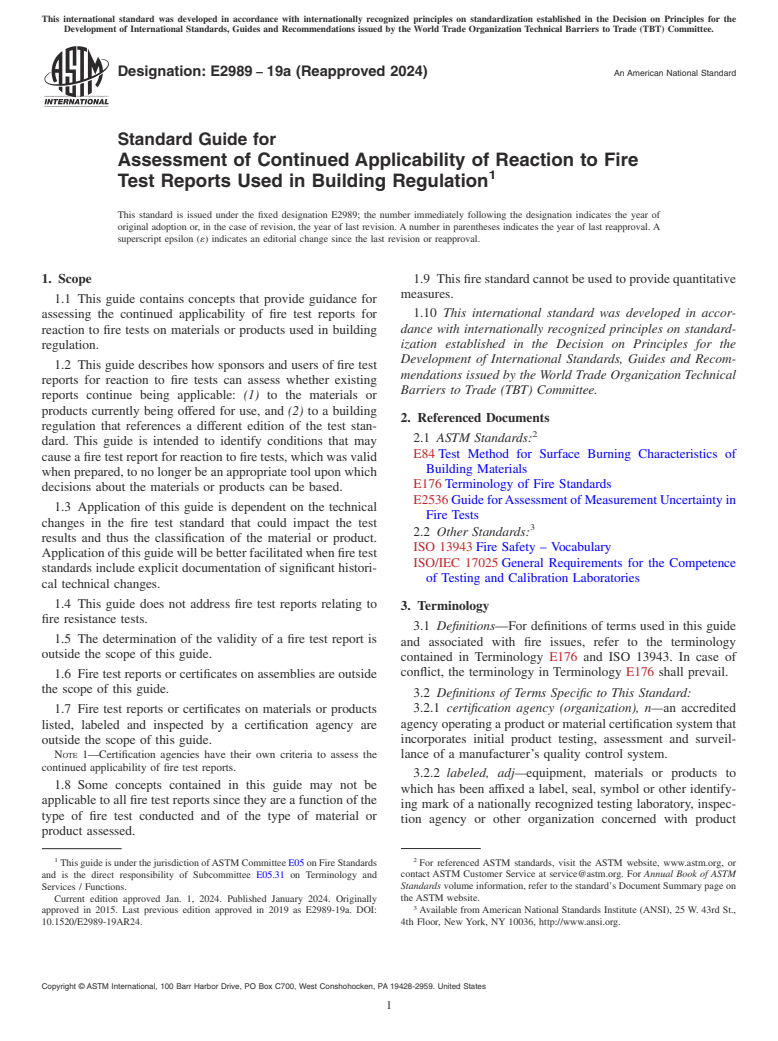 ASTM E2989-19a(2024) - Standard Guide for Assessment of Continued Applicability of Reaction to Fire Test  Reports Used in Building Regulation