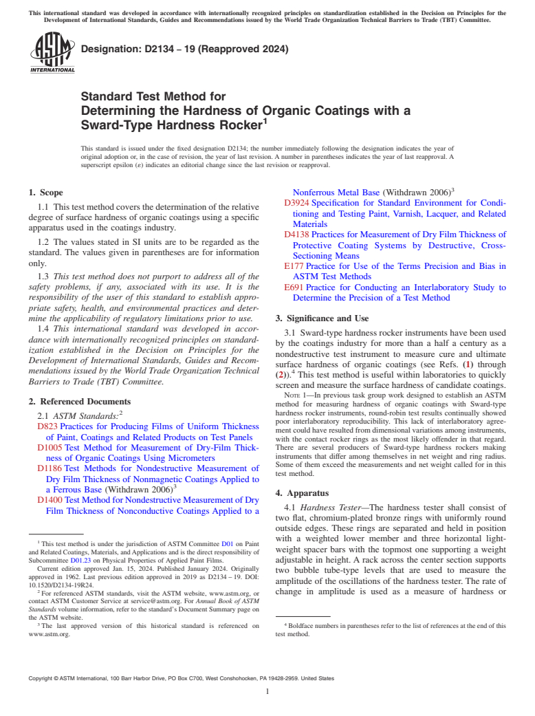 ASTM D2134-19(2024) - Standard Test Method for  Determining the Hardness of Organic Coatings with a Sward-Type   Hardness Rocker