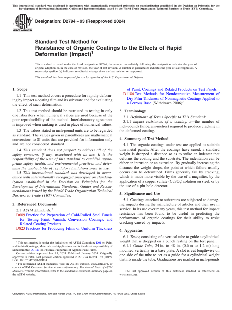 ASTM D2794-93(2024) - Standard Test Method for Resistance of Organic Coatings to the Effects of Rapid Deformation   (Impact)