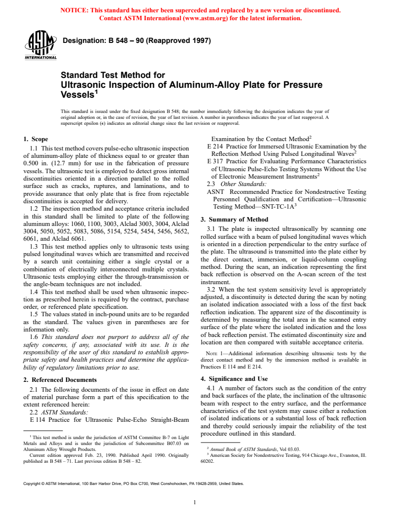 ASTM B548-90(1997) - Standard Test Method for Ultrasonic Inspection of Aluminum-Alloy Plate for Pressure Vessels