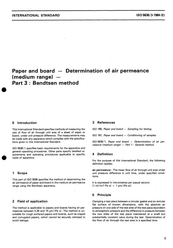 ISO 5636-3:1984 - Paper and board -- Determination of air permeance (medium range)