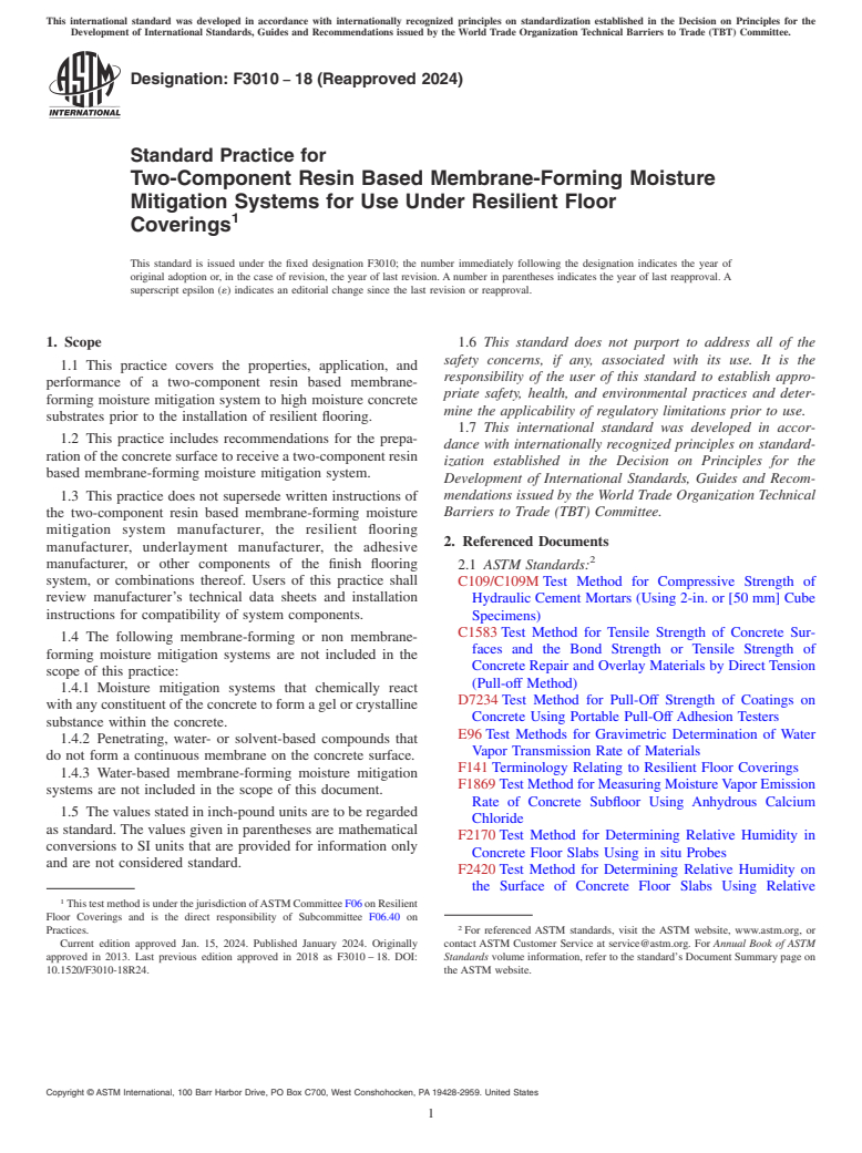 ASTM F3010-18(2024) - Standard Practice for Two-Component Resin Based Membrane-Forming Moisture Mitigation  Systems for Use Under Resilient Floor Coverings