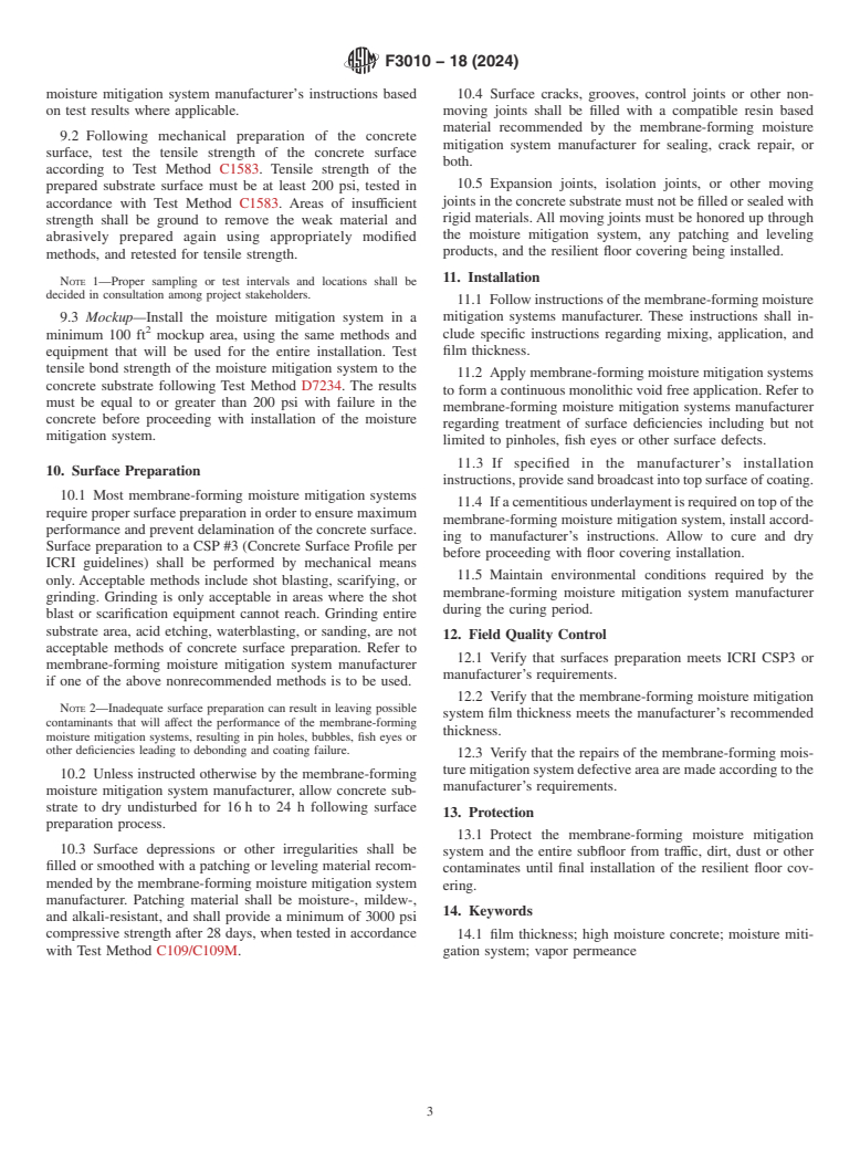 ASTM F3010-18(2024) - Standard Practice for Two-Component Resin Based Membrane-Forming Moisture Mitigation  Systems for Use Under Resilient Floor Coverings